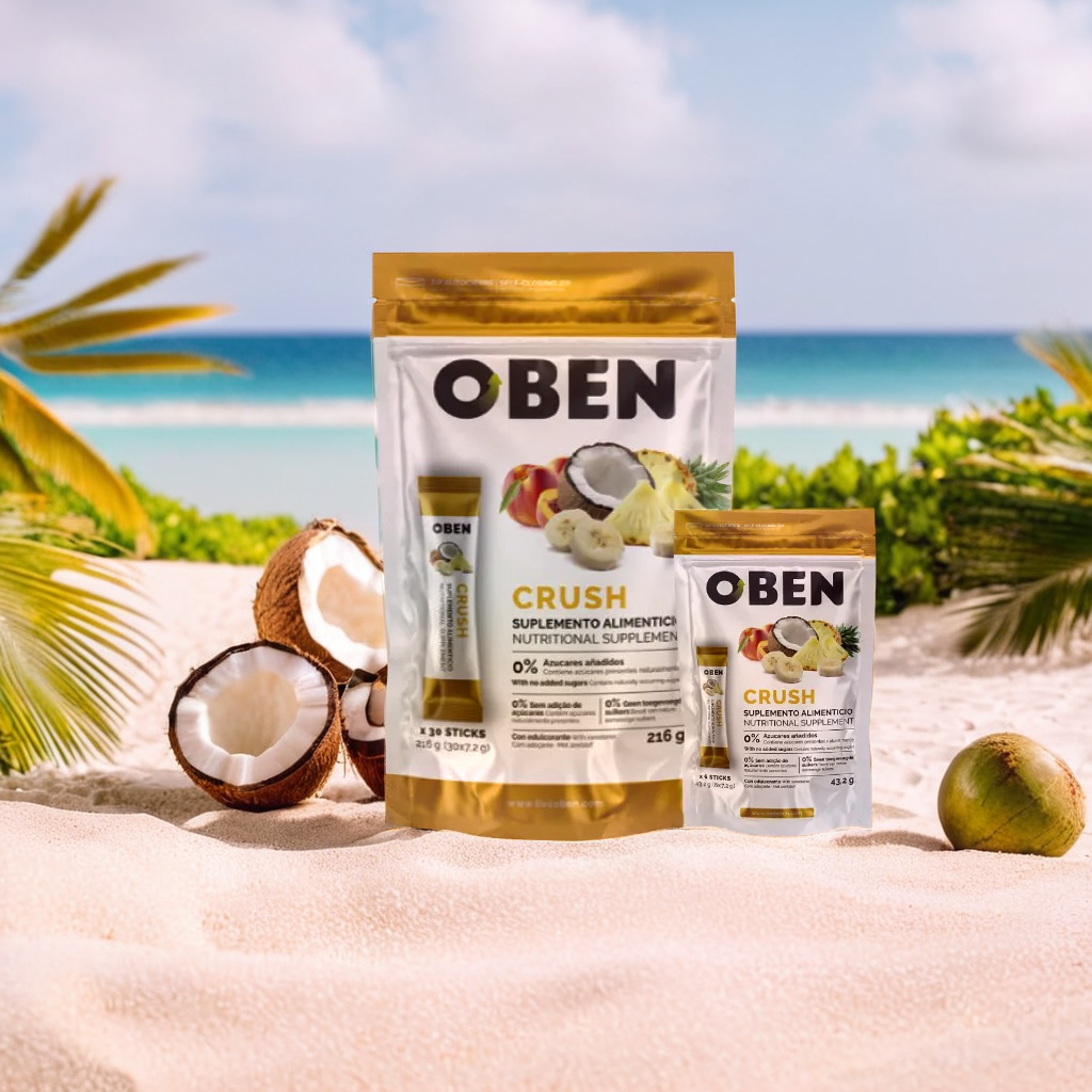 Oben Crush, suplemento natural para controlar el apetito, acelerar el metabolismo y apoyar la pérdida de peso, presentado en un ambiente tropical.