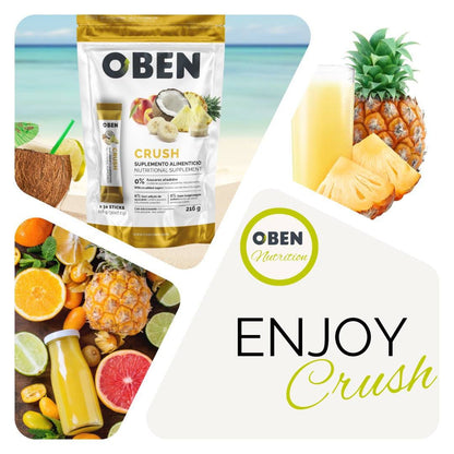 Oben Crush, suplemento natural para pérdida de peso con ingredientes como cafeína anhidra y cetona de frambuesa, en un diseño tropical.