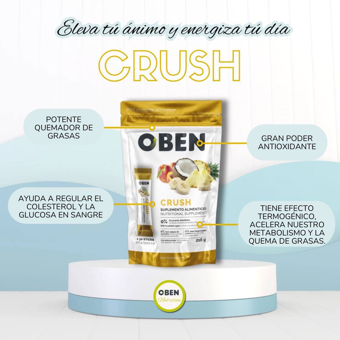 Suplemento Oben Crush, ideal para quienes buscan perder peso naturalmente, en un entorno fresco y tropical.