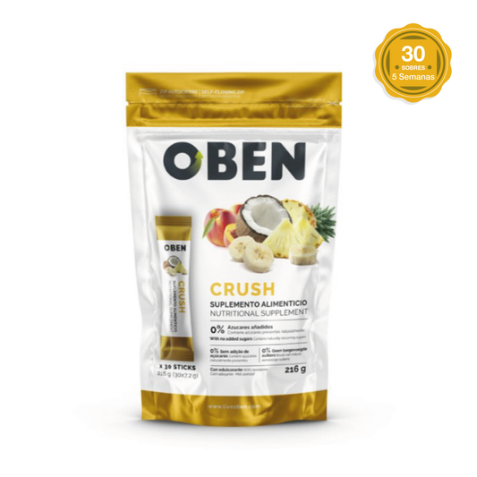 Oben Crush, con extractos naturales como inulina y picolinato de cromo, para mantener un metabolismo activo y saludable.